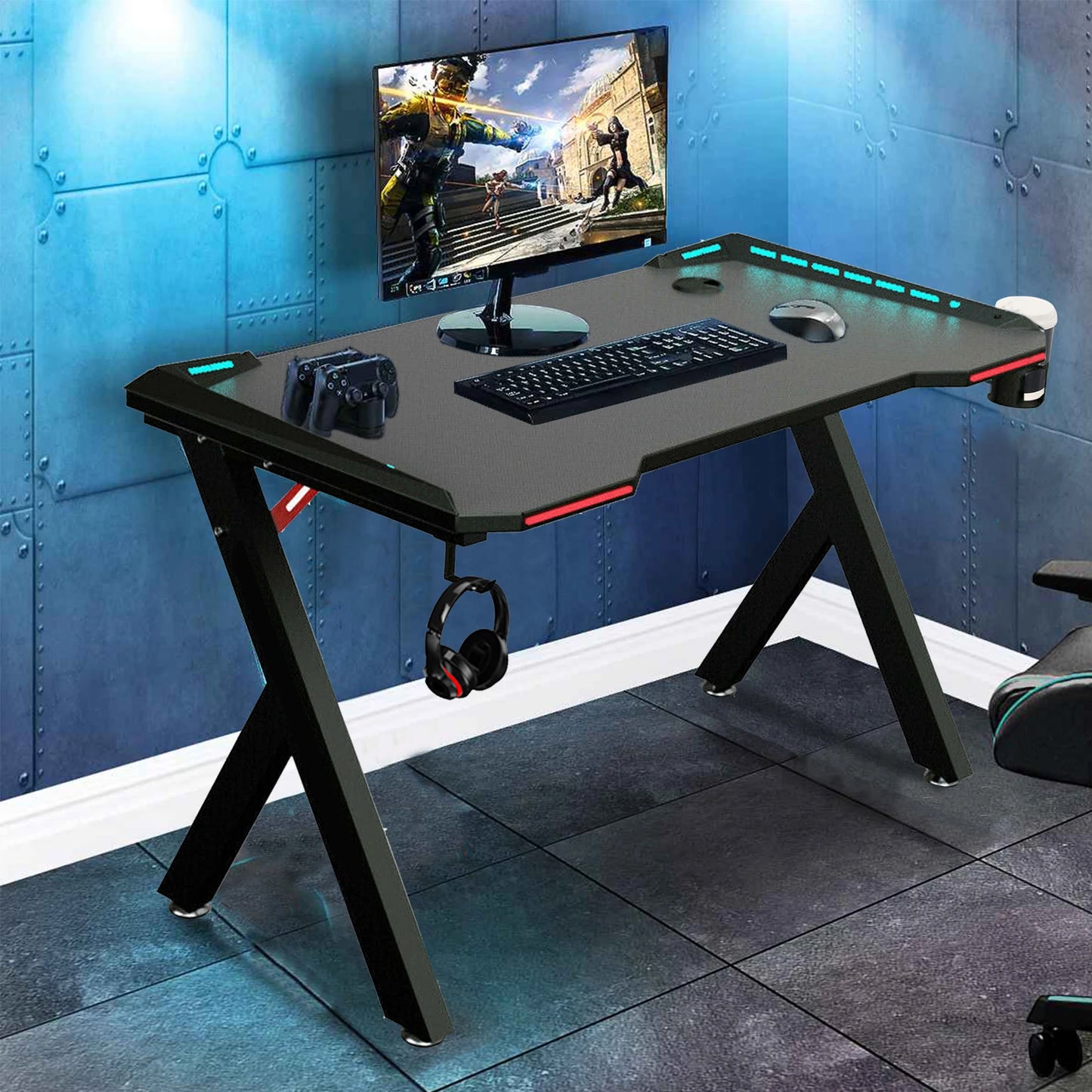 Gaming Computer Gamer Desk with RGB LED Lights Headphone Hook Cup Holder