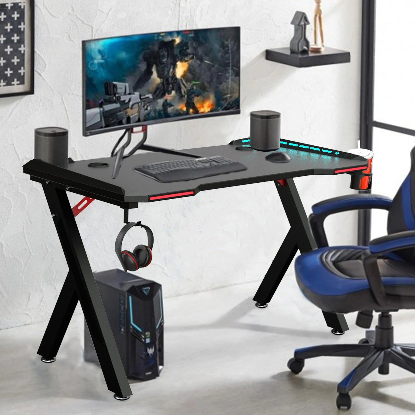 Gaming Computer Gamer Desk with RGB LED Lights Headphone Hook Cup Holder