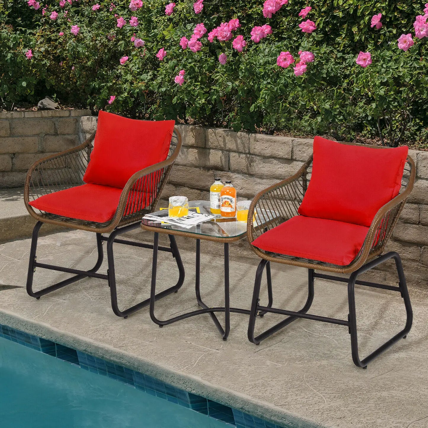Patiojoy 3PCS Patio Rattan Bistro Set Cushioned Chair Glass Table Deck Red