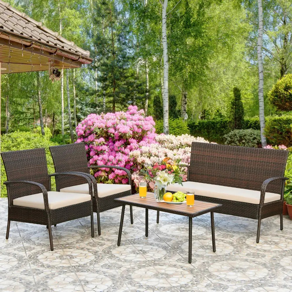 4PCS Patio Rattan Furniture Set Coffee Table w/Cushions