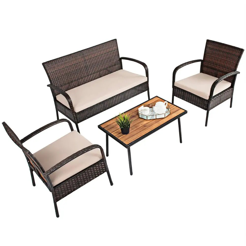 4PCS Patio Rattan Furniture Set Coffee Table w/Cushions