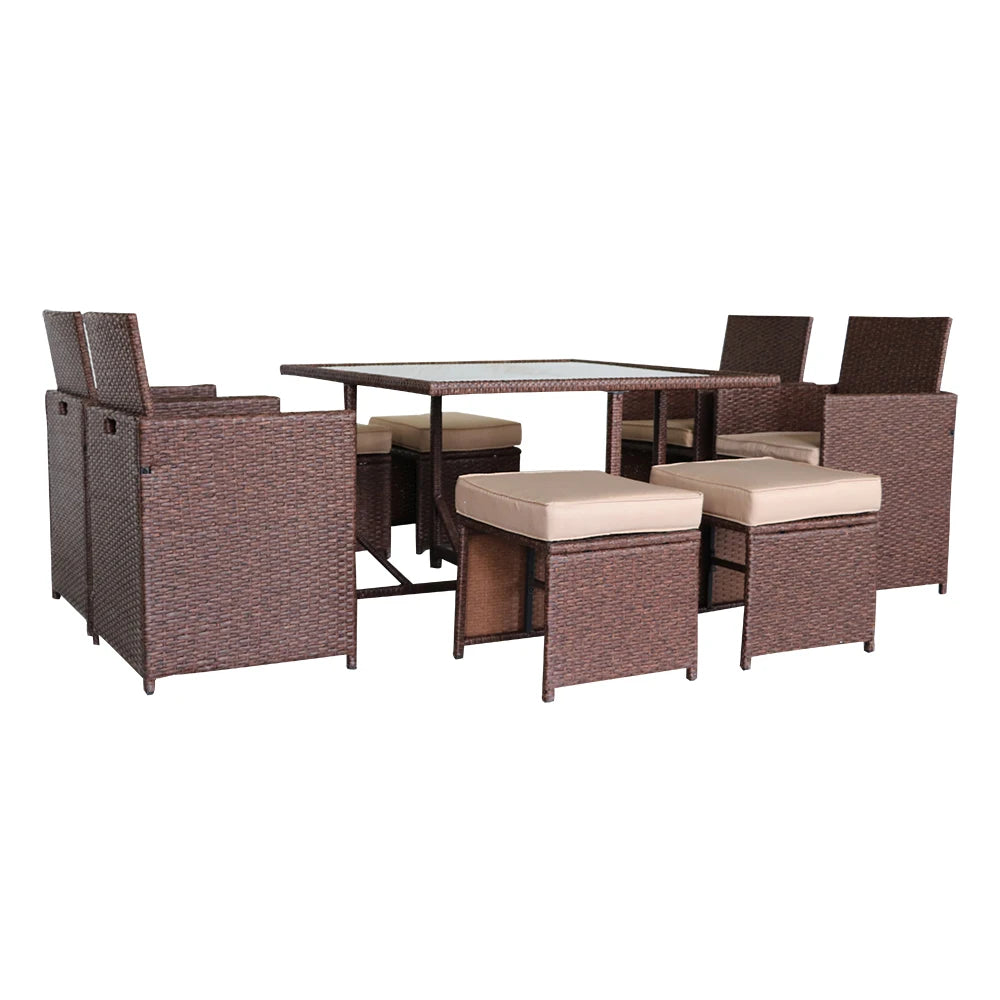 Outdoor Furniture Set 9 Pieces Wood Grain Wicker Rattan Dining Ottoman with Tempered Glass Table