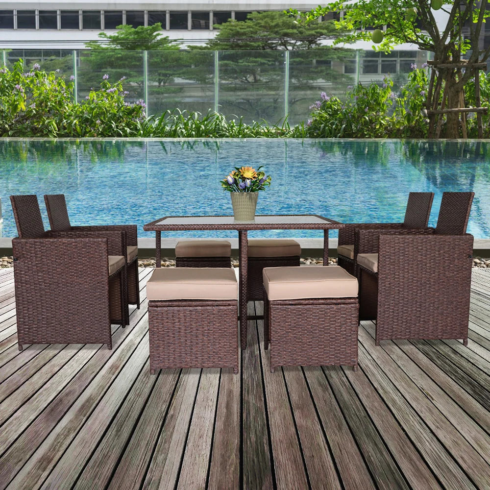 Outdoor Furniture Set 9 Pieces Wood Grain Wicker Rattan Dining Ottoman with Tempered Glass Table