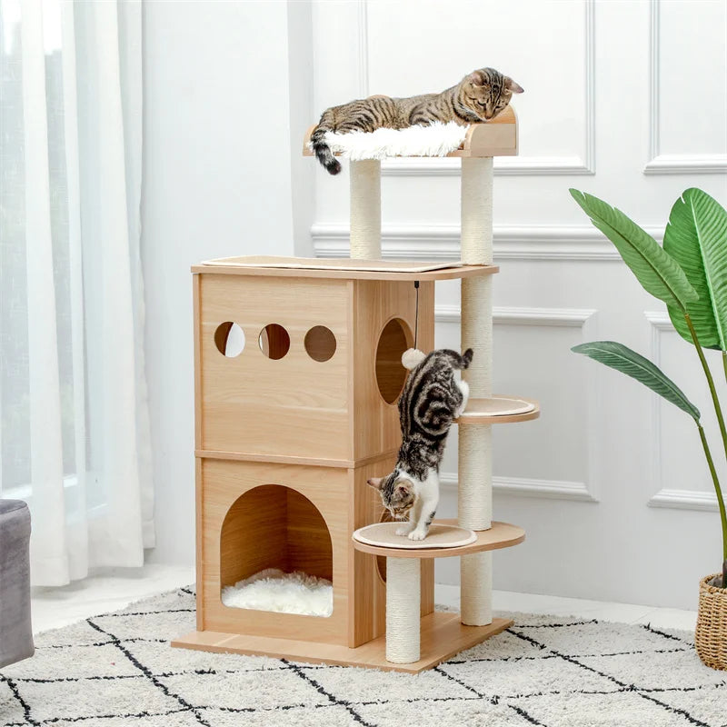 Wood Cat Scratcher Cat Tree Condo Nest Climbing Tower with Scratching Post