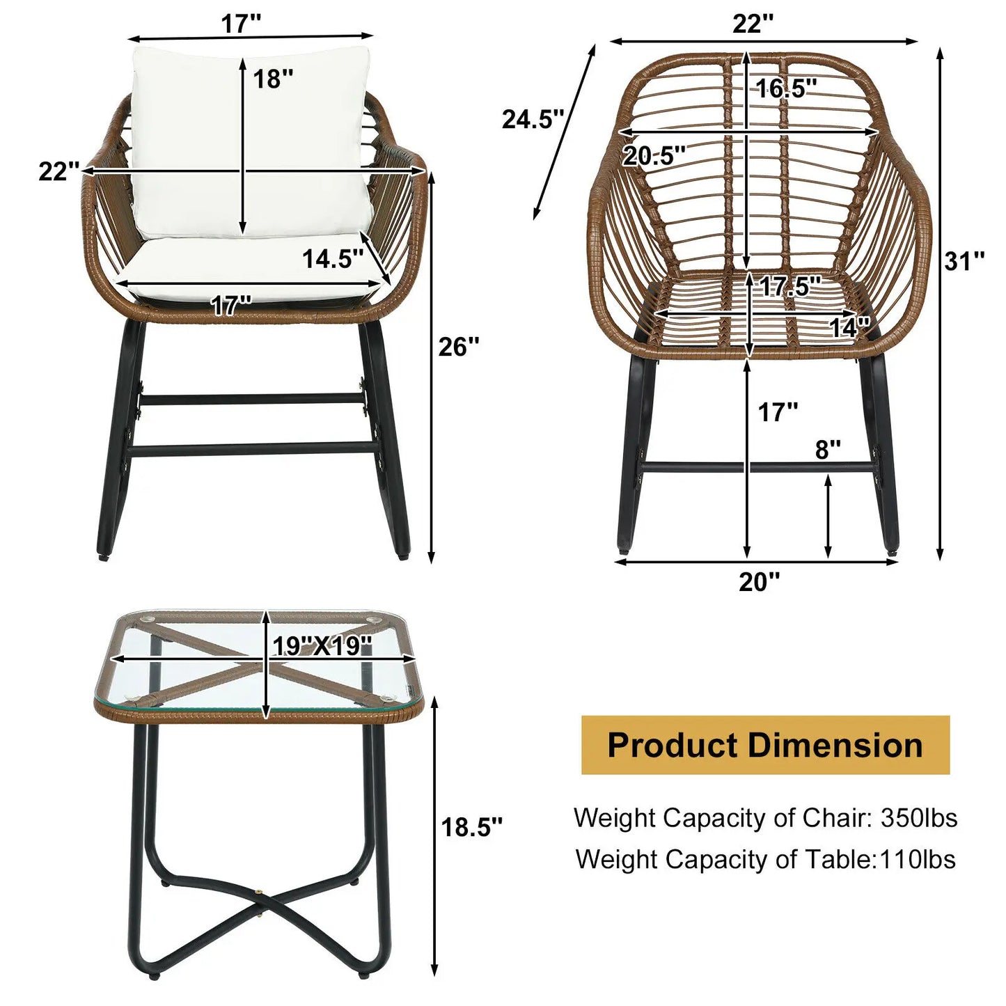 Patiojoy 3PCS Patio Rattan Bistro Set Cushioned Chair Glass Table Deck
