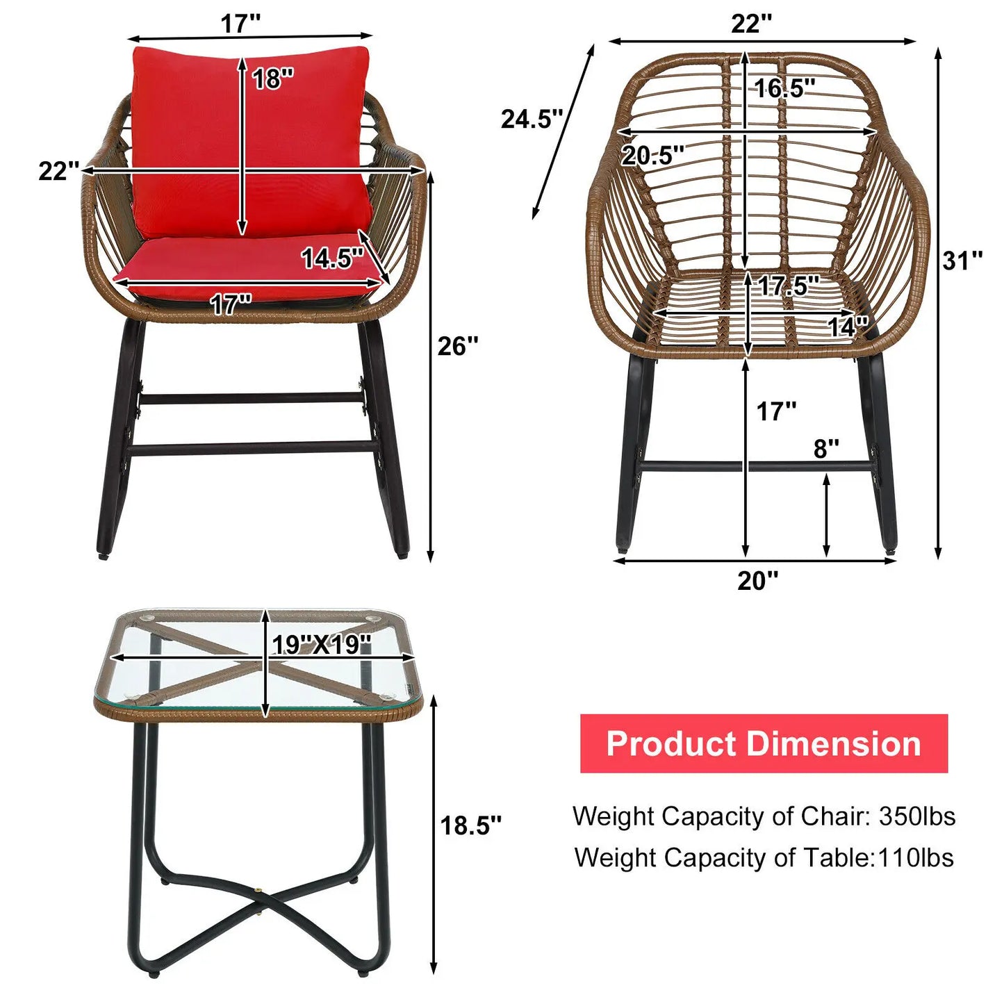 Patiojoy 3PCS Patio Rattan Bistro Set Cushioned Chair Glass Table Deck Red