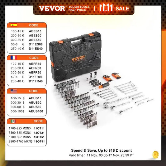 VEVOR Mechanics Tool Set and Socket Set Deep and Standard Sockets 145/205 Pcs SAE and Metric