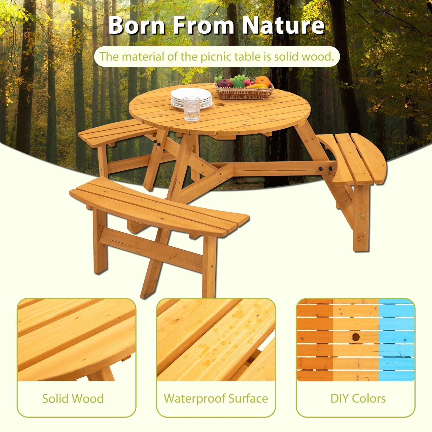 6-Person Circular Outdoor Wooden Picnic Table DIY W/3 Built-in Benches