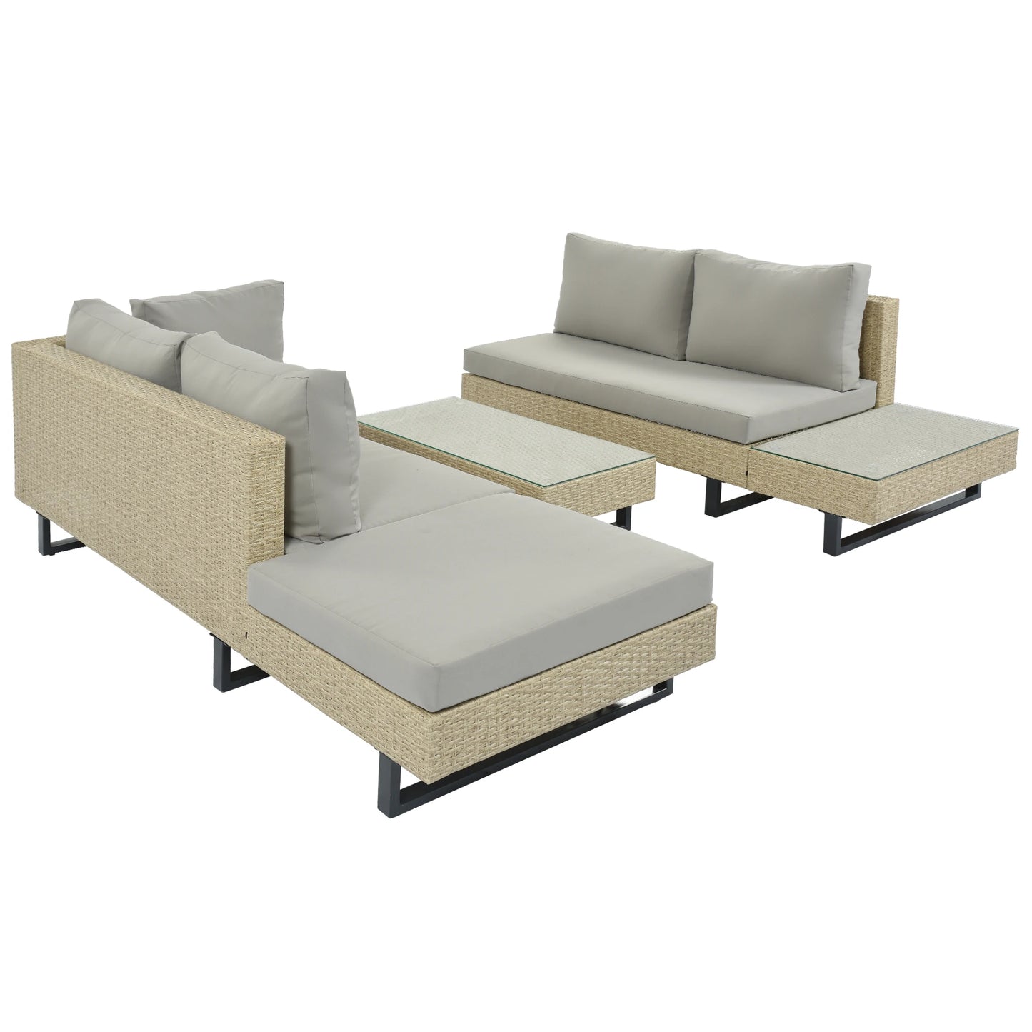 3-piece Outdoor Wicker Sofa Patio Furniture Set, L-shaped Corner Sofa, Water And UV Protected Two Glass Table