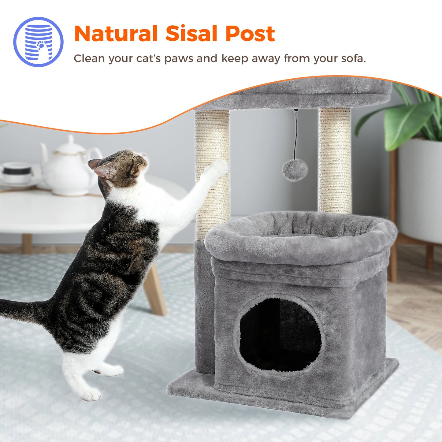 Cat Tree Tower with  Natural Sisal Scratching Posts and Plush Pom-pom