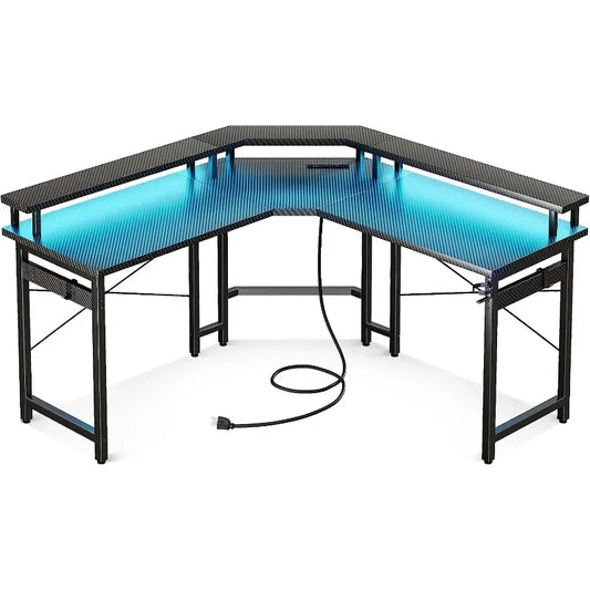 L Shaped Gaming Desk with LED Lights & Power Outlets, 51" Computer Desk with Full Monitor Stand, Black Carbon Fiber
