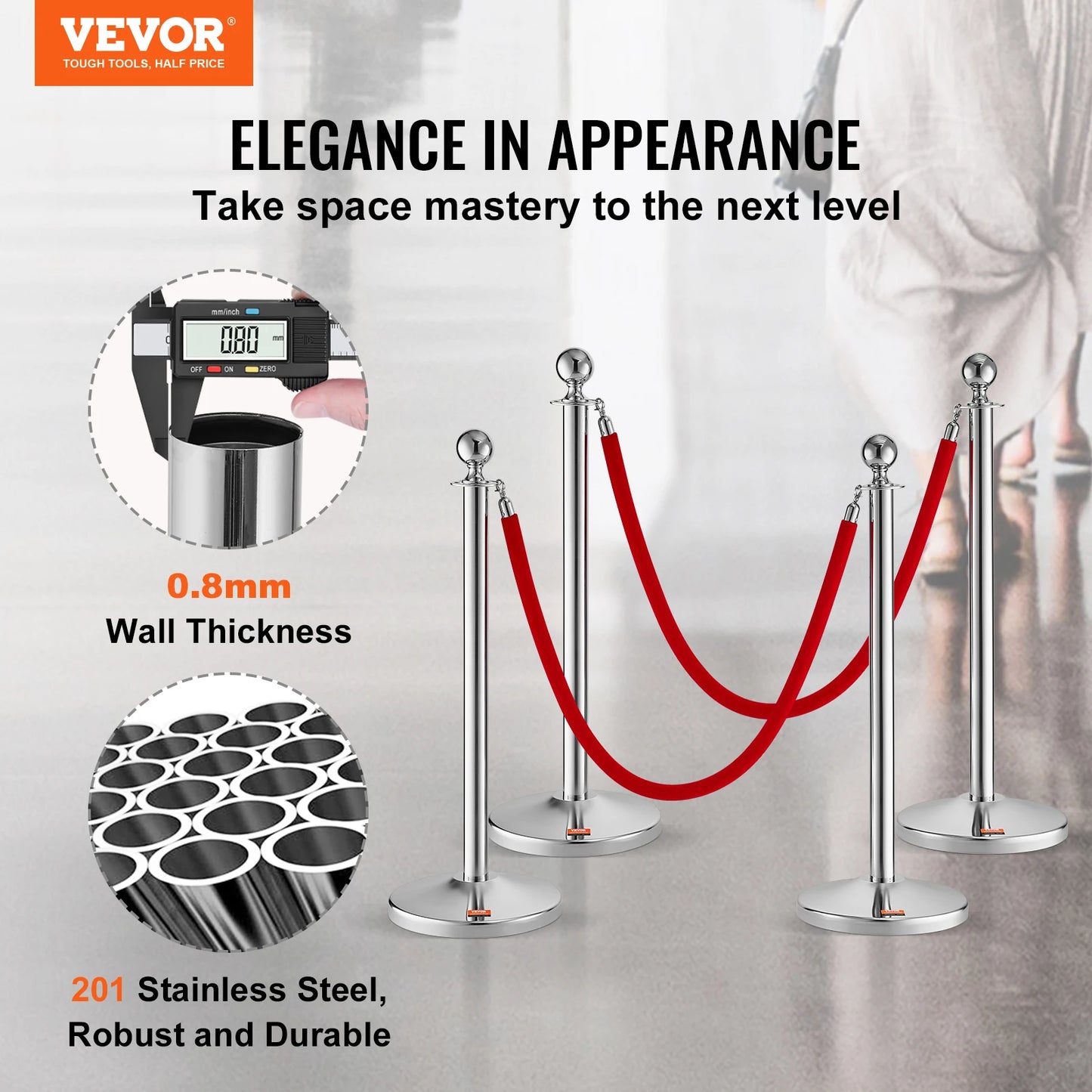 VEVOR Velvet Ropes and Posts Stainless Steel Gold Stanchion w/ Ball Top