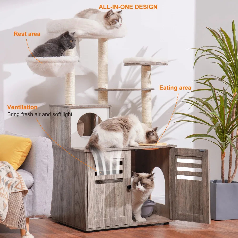 Cat Tree, Wood Litter Box Enclosure with Food Station, All-in-one Indoor Cat Furniture with Large Platform and Condo