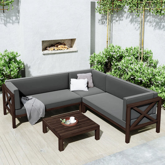 Outdoor furniture Set Wood Patio Backyard 4-Pc Sectional with Cushions and Table