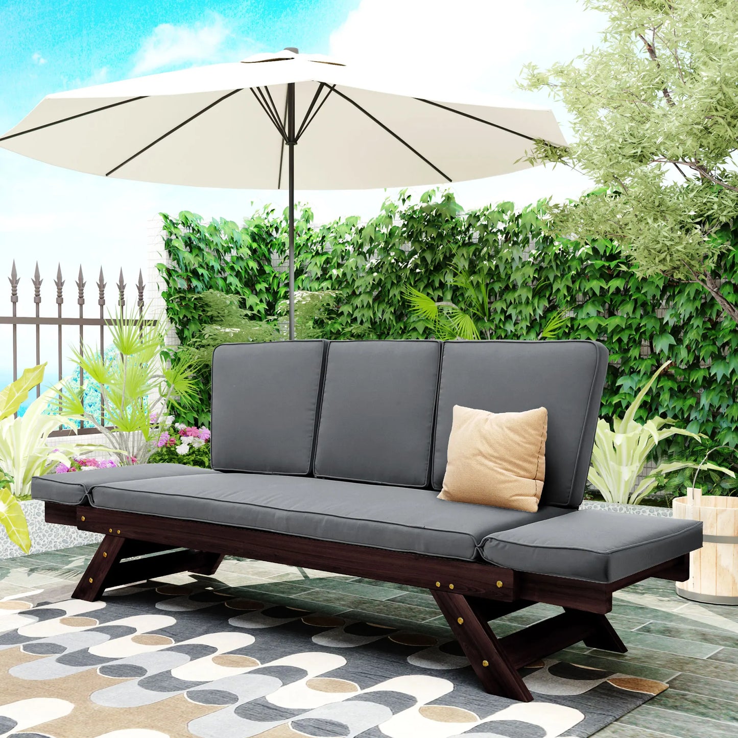 Outdoor Adjustable Patio Wooden Daybed Sofa with Cushions