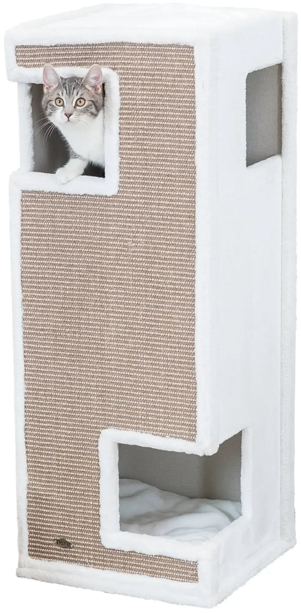 Gerardo Plush & Sisal 3-Story 39.4" Cat Condo Tower with Removable Cushions, Brown-White