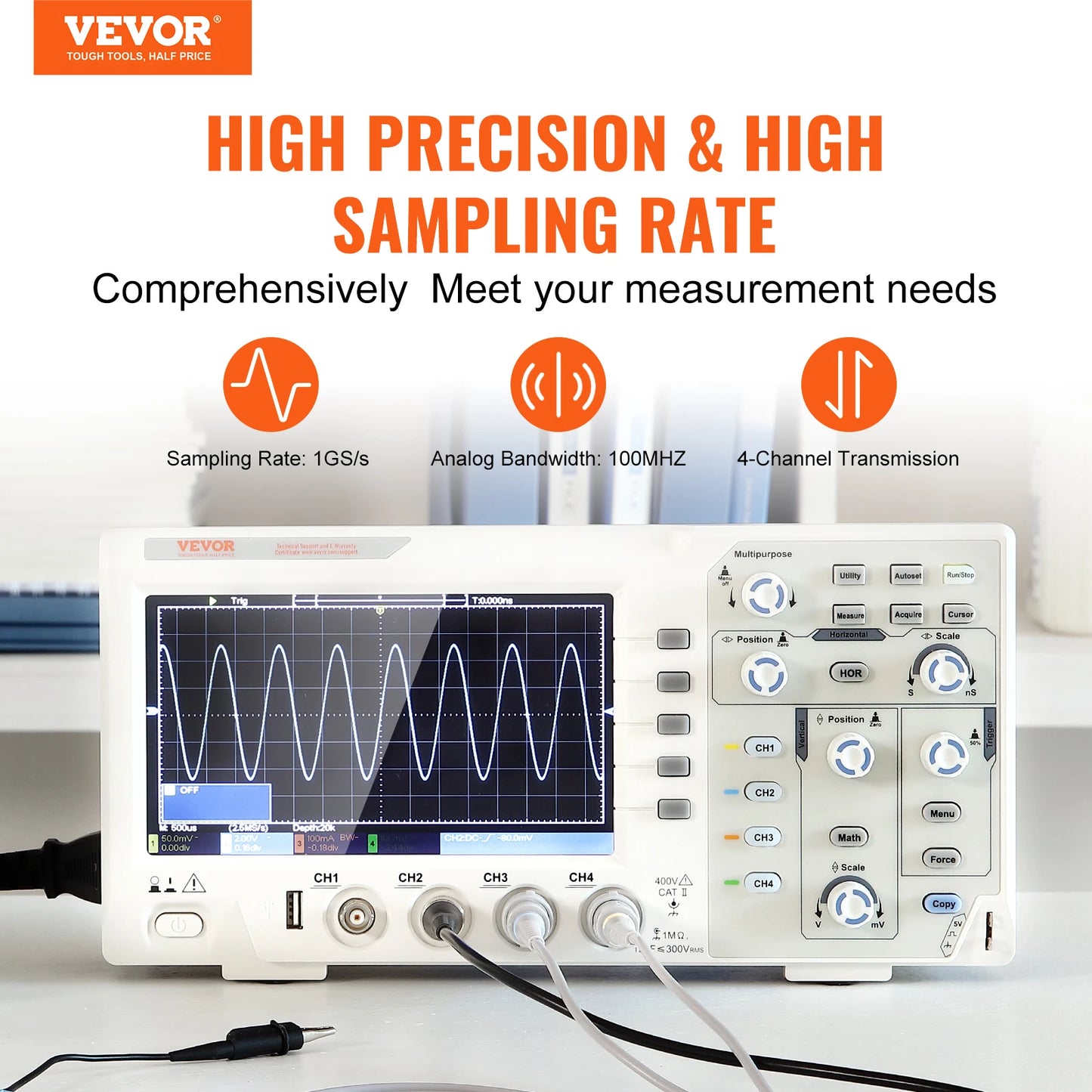 VEVOR 2/4 Channels Desktop Digital Oscilloscope 1GS/S 100MHZ 30 Automatic Measurement Functions
