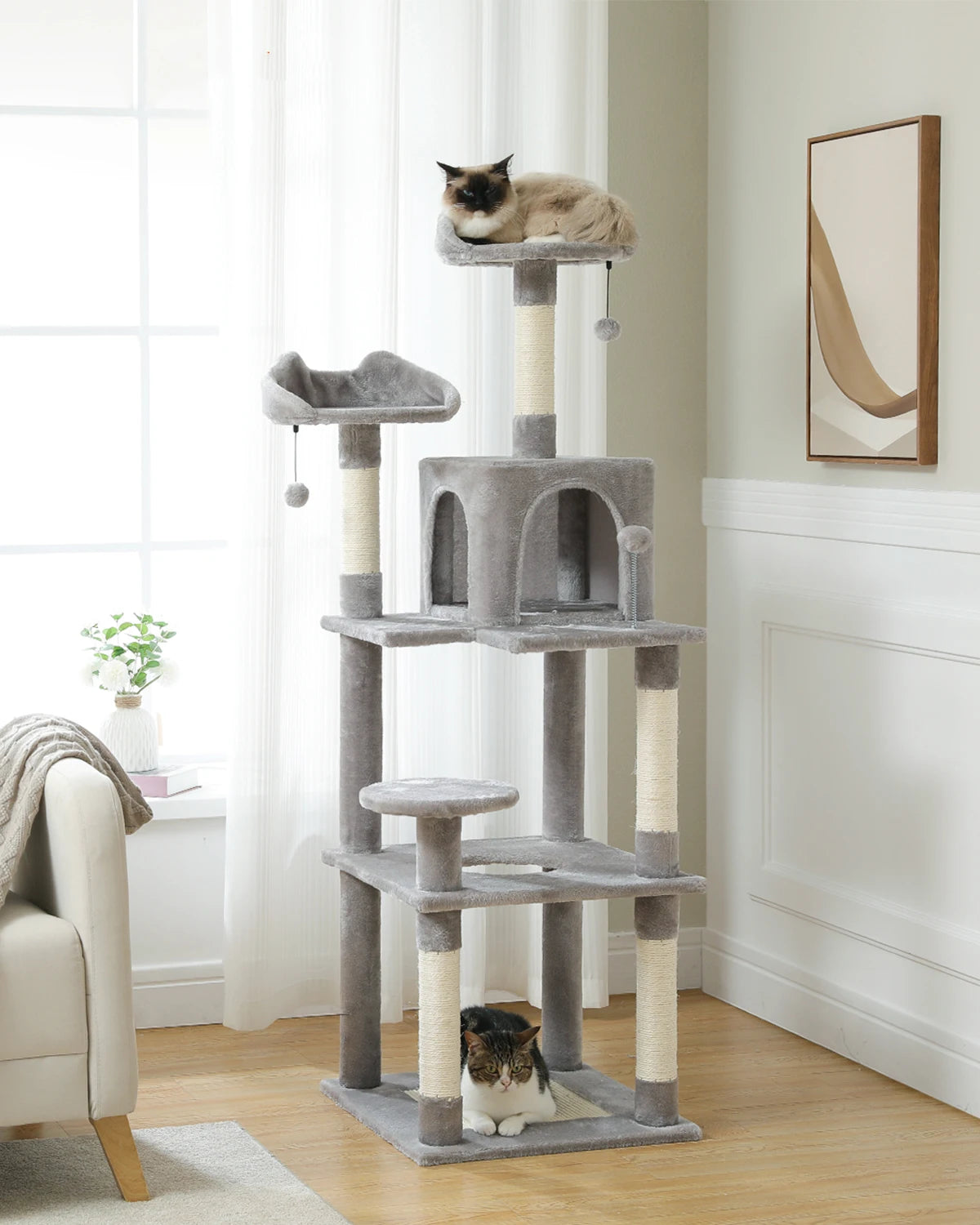 Cat Tree Tall Tower with Large Cat Condo Cozy Perch Bed Scratching Posts