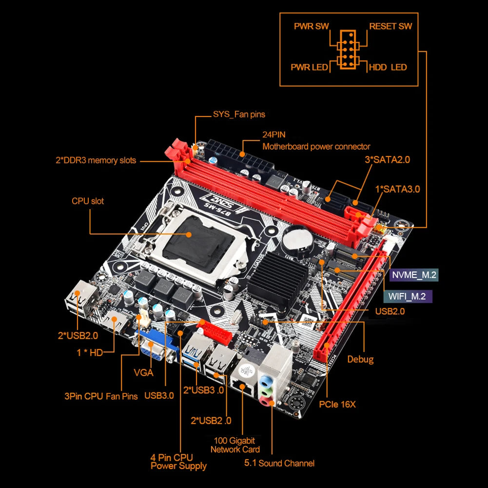 24Pin B75-MS Motherboard Max Capacity 16GB LGA 1155 Motherboard Supports 2 Memory Slots