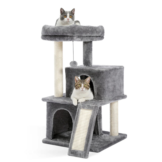 Cat Tower with Double Condos, Perch, Cat Hammock, Fully Wrapped Scratching Sisal Post and Dangling Balls