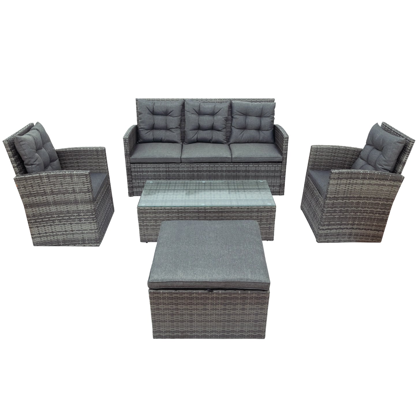 5-piece Outdoor Patio Sofa Set with Storage Bench, Wicker Furniture with Glass Table