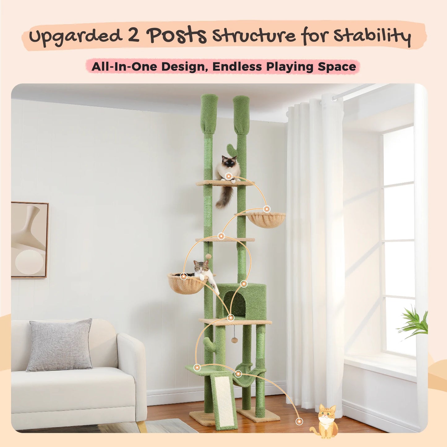 Cactus Cat Tree Floor to Ceiling Cat Tower with Adjustable Height 216-285CM 7 Tiers