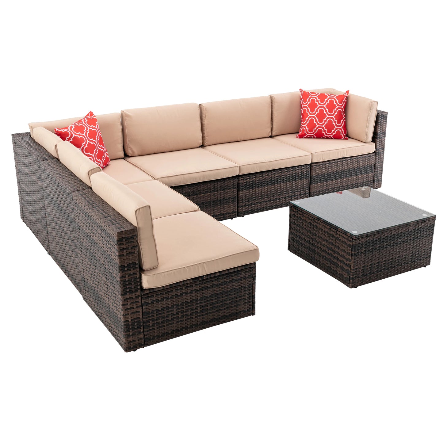 7Pcs Outdoor Patio Furniture Rattan Wicker Sectional Cushioned Sofa Sets with 2 Pillows