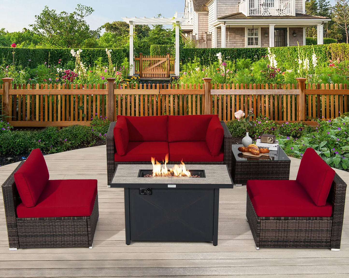 Patiojoy 6PCS Patio Furniture Set Rattan Cushioned Sofa Gas Fire Pit Table Red