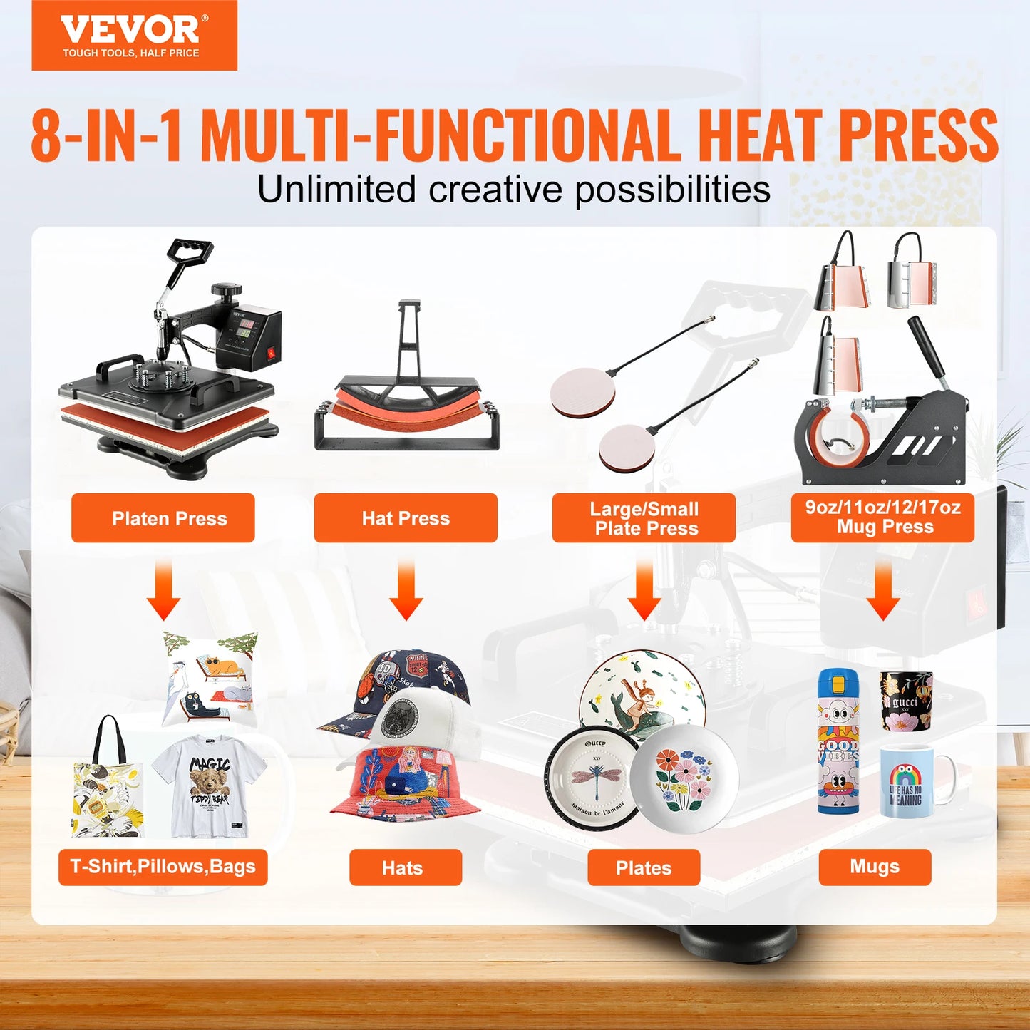 VEVOR Heat Press Machine 8in1 Combo Digital Multifunctional Sublimation Heat Transfer Machine 12x15in