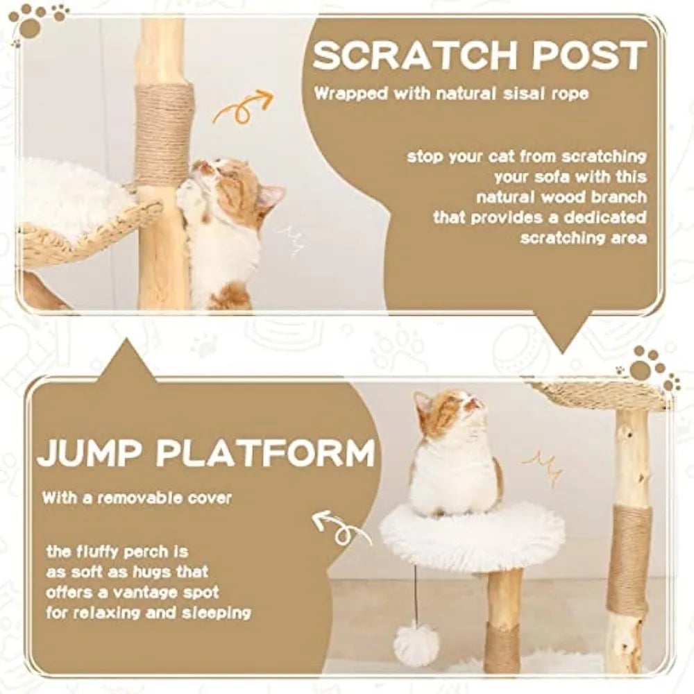 Wood Cat Tree Modern Cat Scratch Post with a Perch and Platform, 28”