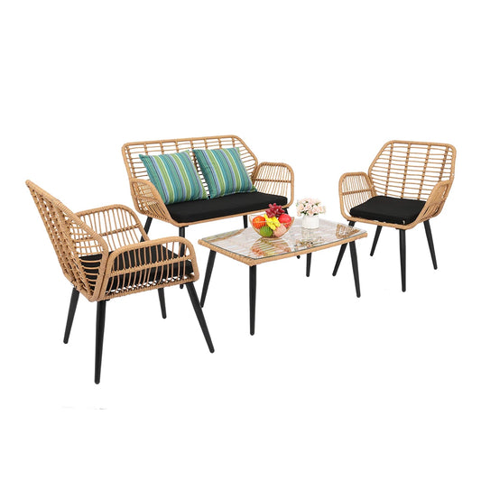 4 Piece Patio Bistro Set Porch Furniture, Rattan Wicker Chairs with Table, Outdoor Garden Furniture Set