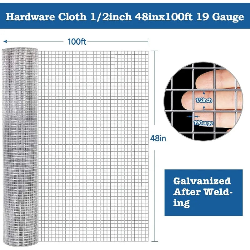 GARDEN & HOME Hardware Cloth 1/2 inch 48inx100ft Galvanized After Welding 19 Gauge Square Wire Fence