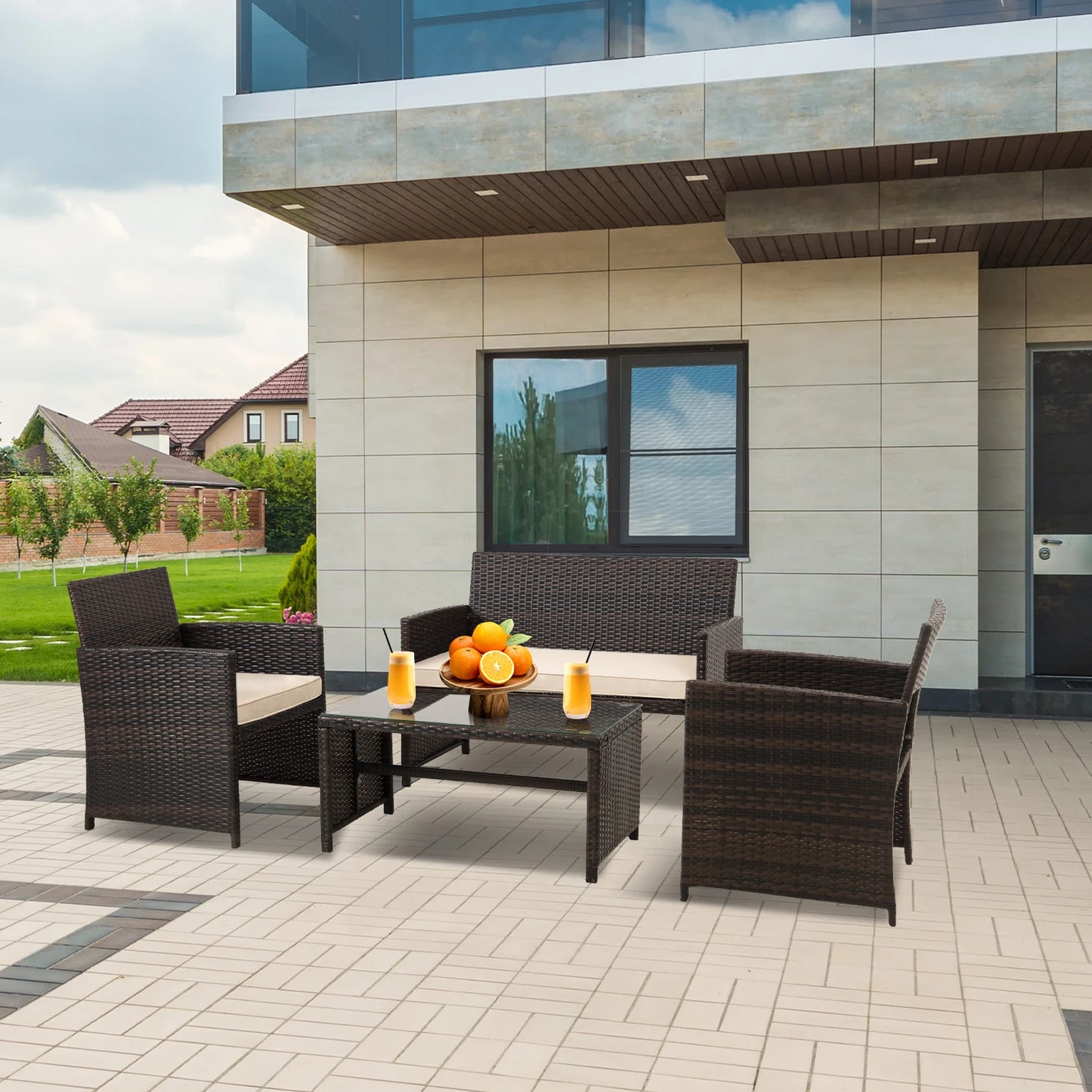 4 Pc Outdoor Wicker Furniture Set with Soft Cushions and Glass Tabletop