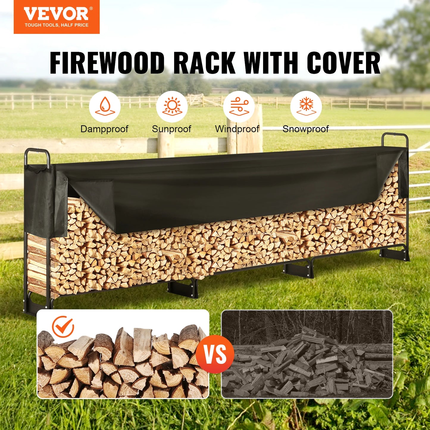 VEVOR 12.7FT Outdoor Firewood Rack Heavy Duty Firewood Holder & 600D Oxford Waterproof Cover