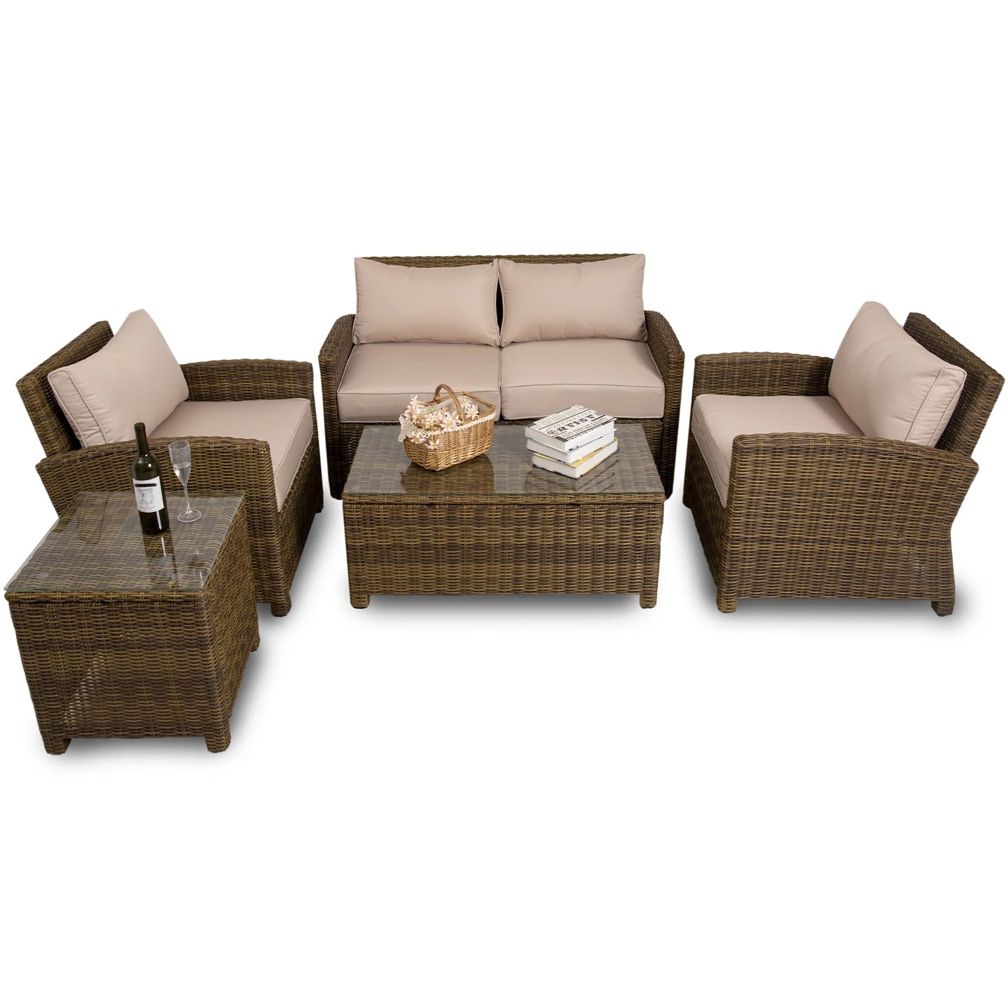 5 Pieces Patio Furniture Set with Glass Tables Soft Cushion Sectional Sofa