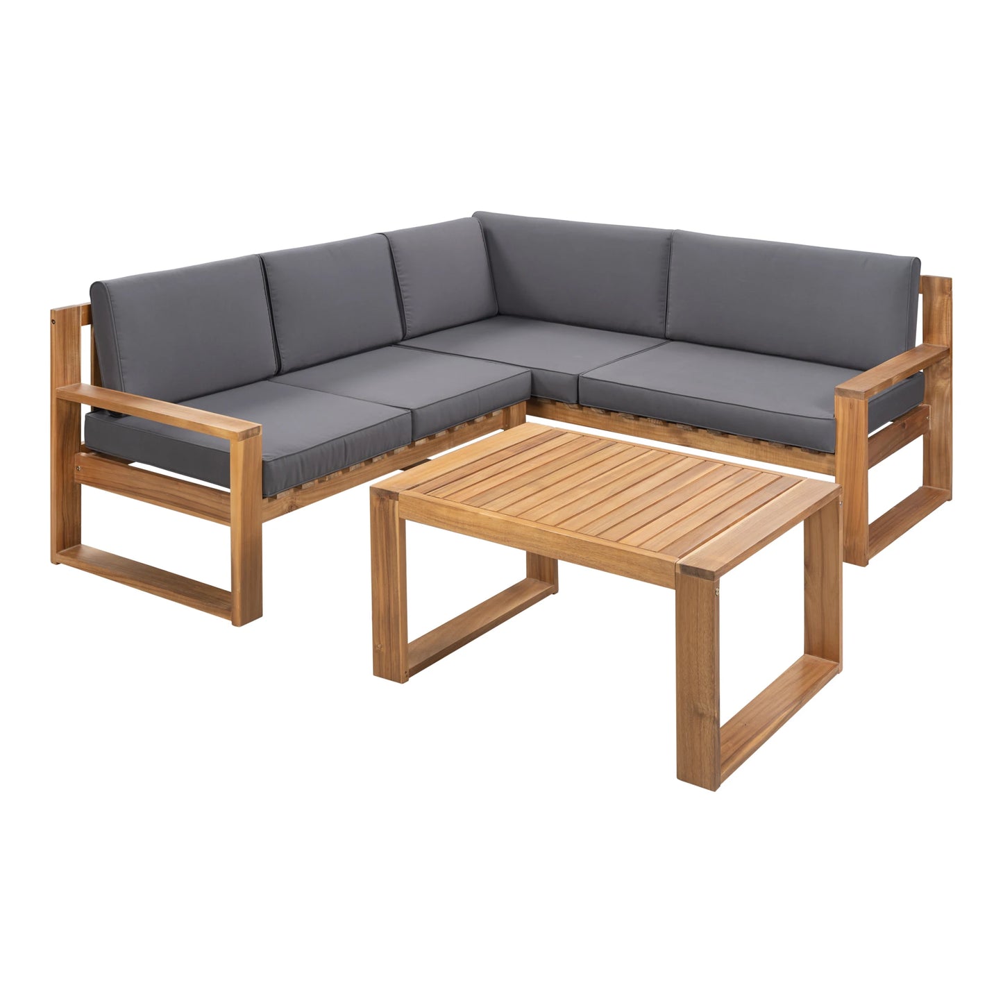 3-Piece Patio Sectional Outdoor Furniture Set Acacia Wood and Grey Cushions
