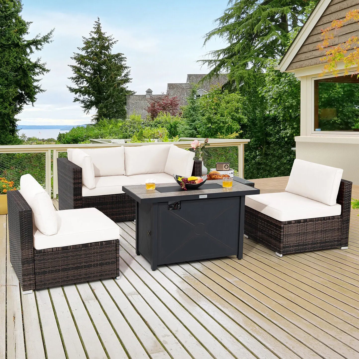 Patiojoy 6PCS Patio Furniture Set Rattan Cushioned Gas Fire Pit Table Off White