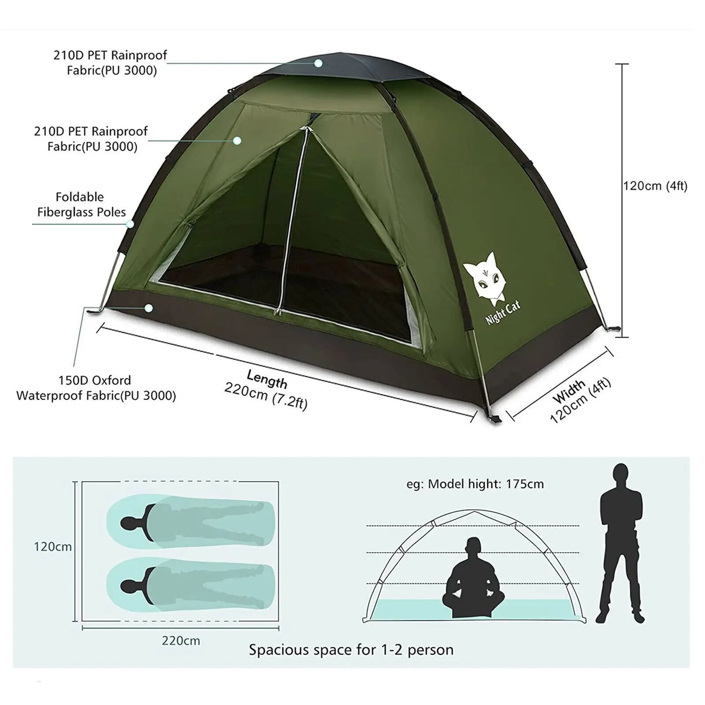 Night Cat Tent for 1 to 2 Persons, Lightweight Waterproof Camping Hiking Backpack Tent