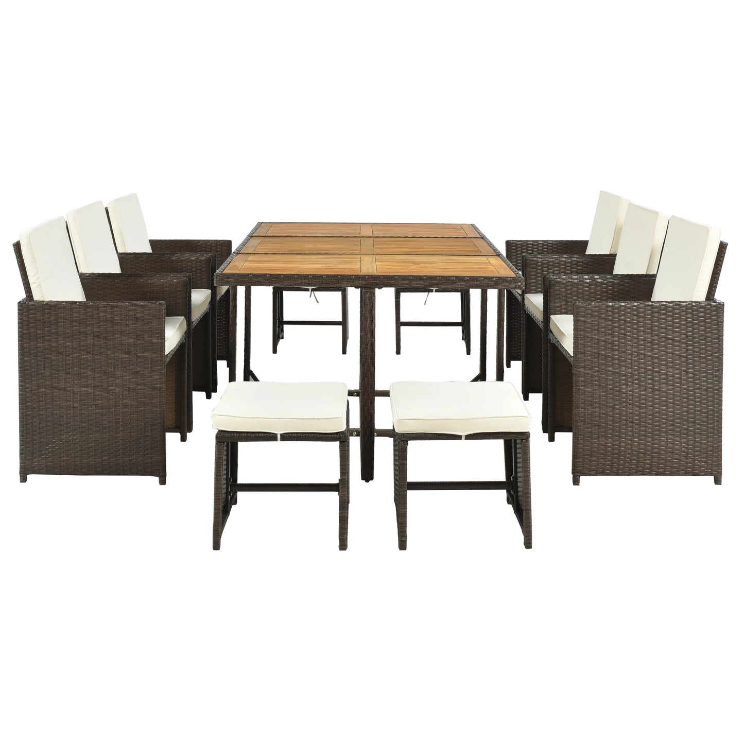 11-Piece Patio Furniture Set Wicker with Wood Tabletop for 10 Brown Rattan +Beige Cushion