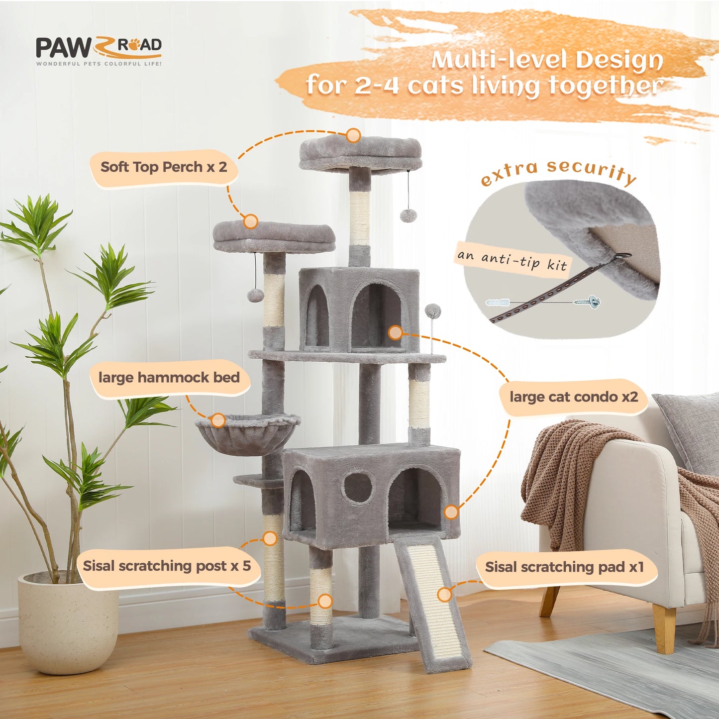Multi-Level Cat Tree For Cats With Cozy Perches Stable Cat Climbing Frame Cat Scratch Board Gray & Beige