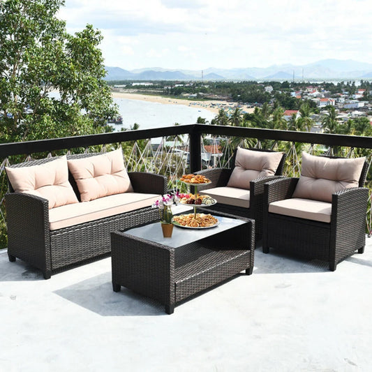 4 Piece Patio Rattan Furniture Set with Glass Top Coffee Table
