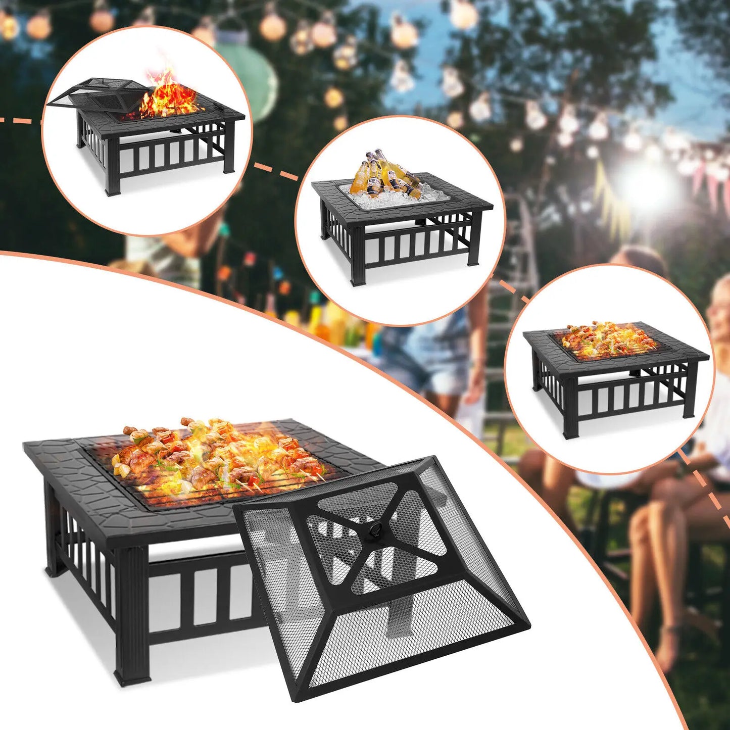 32" Wood Burning Fire Pit Backyard Patio Garden Square Stove Fire Pit W/ Cover