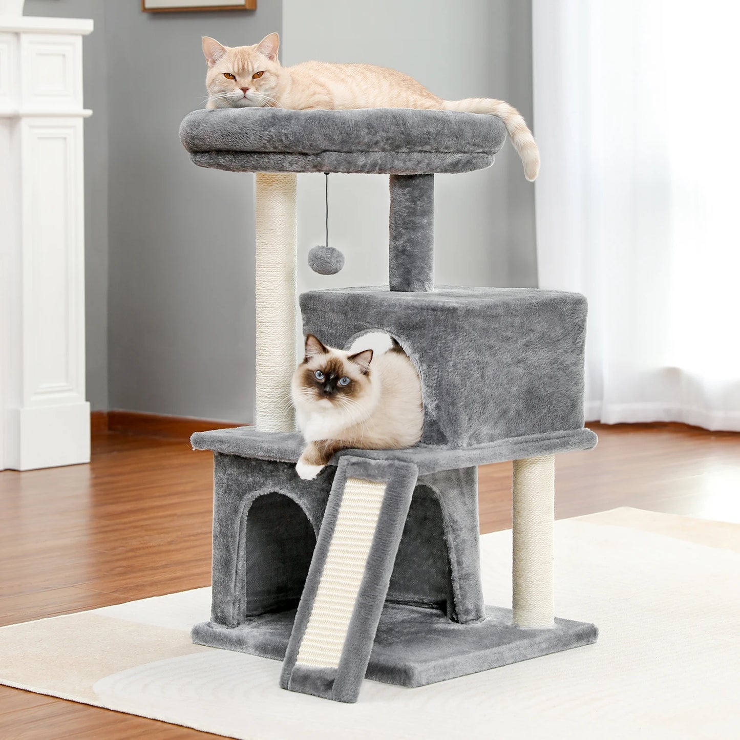 Cat Tower with Double Condos, Perch, Cat Hammock, Fully Wrapped Scratching Sisal Post and Dangling Balls