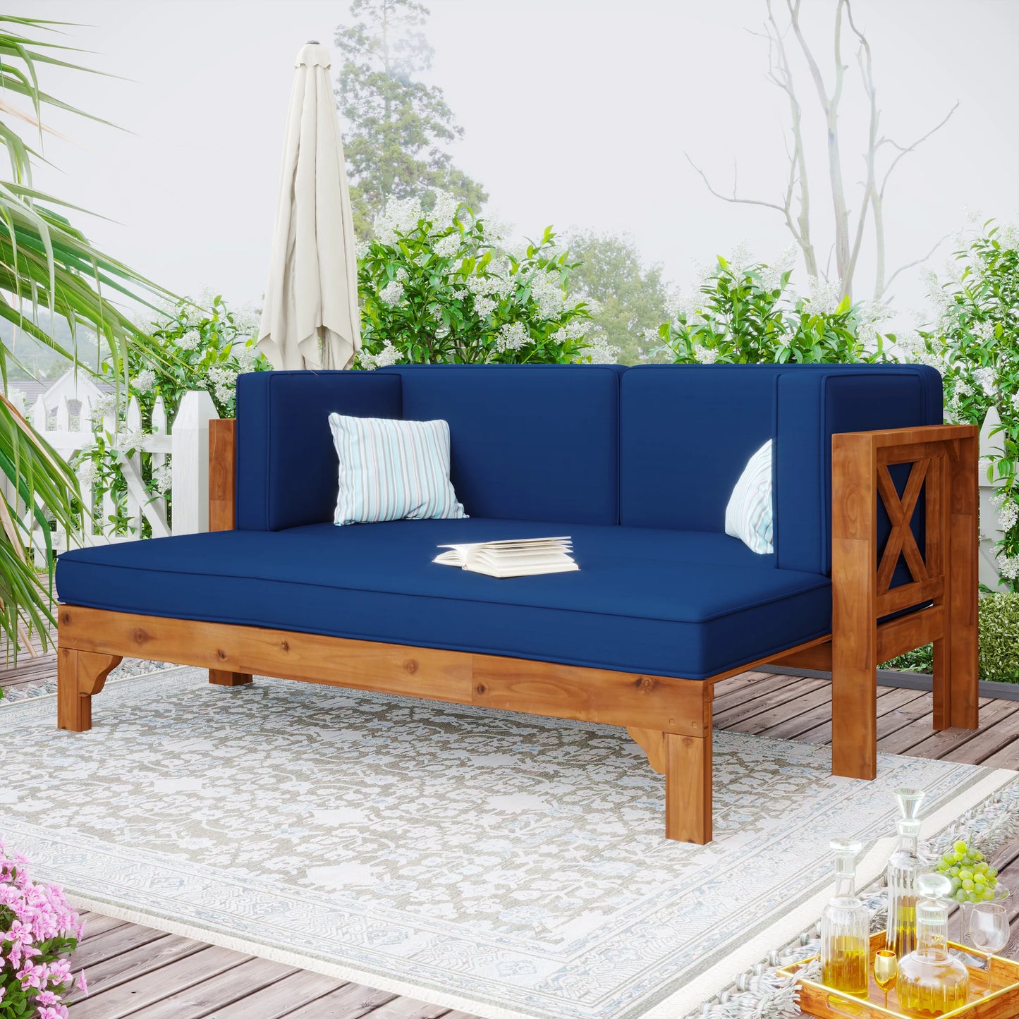 Outdoor Patio Extendable Wooden Sofa Set Sectional Furniture Set with Thick Cushions