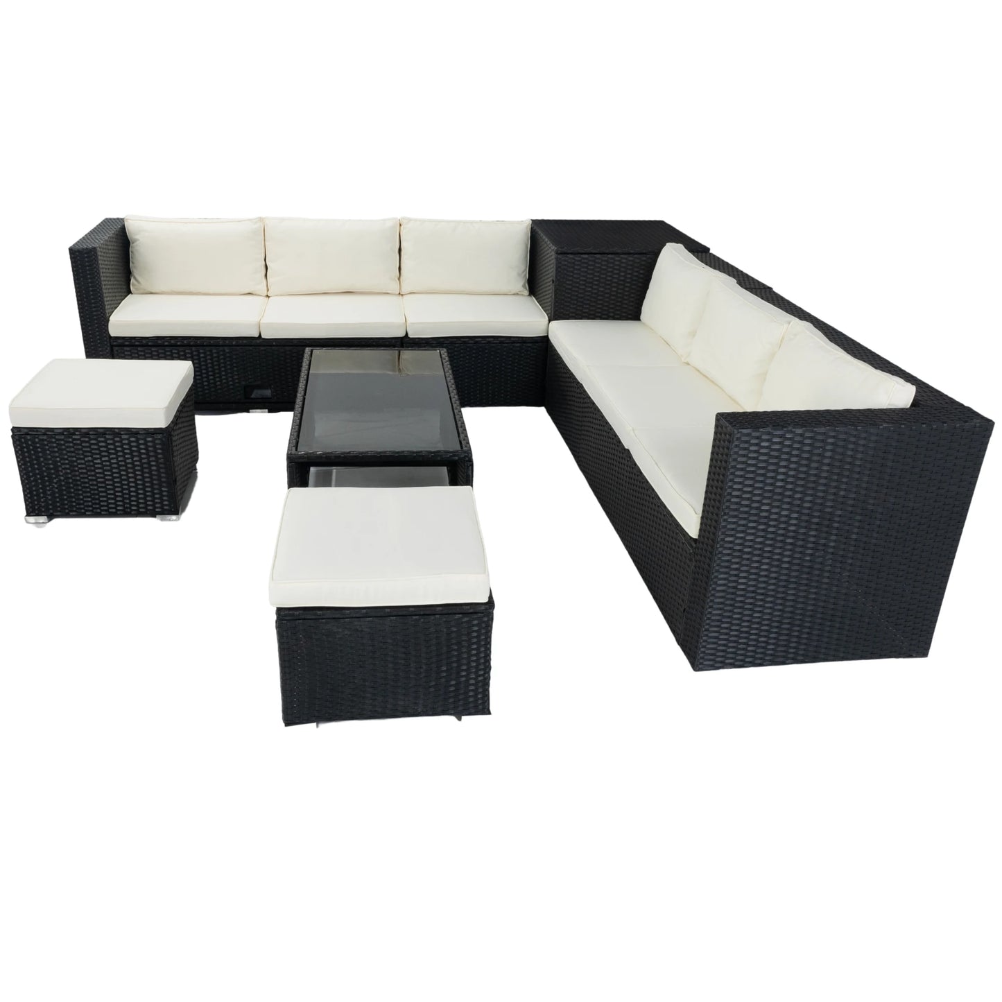 8 Piece Patio Sectional Wicker Rattan Outdoor Furniture Sofa Set with One Storage Box Under Seat and Cushion Box