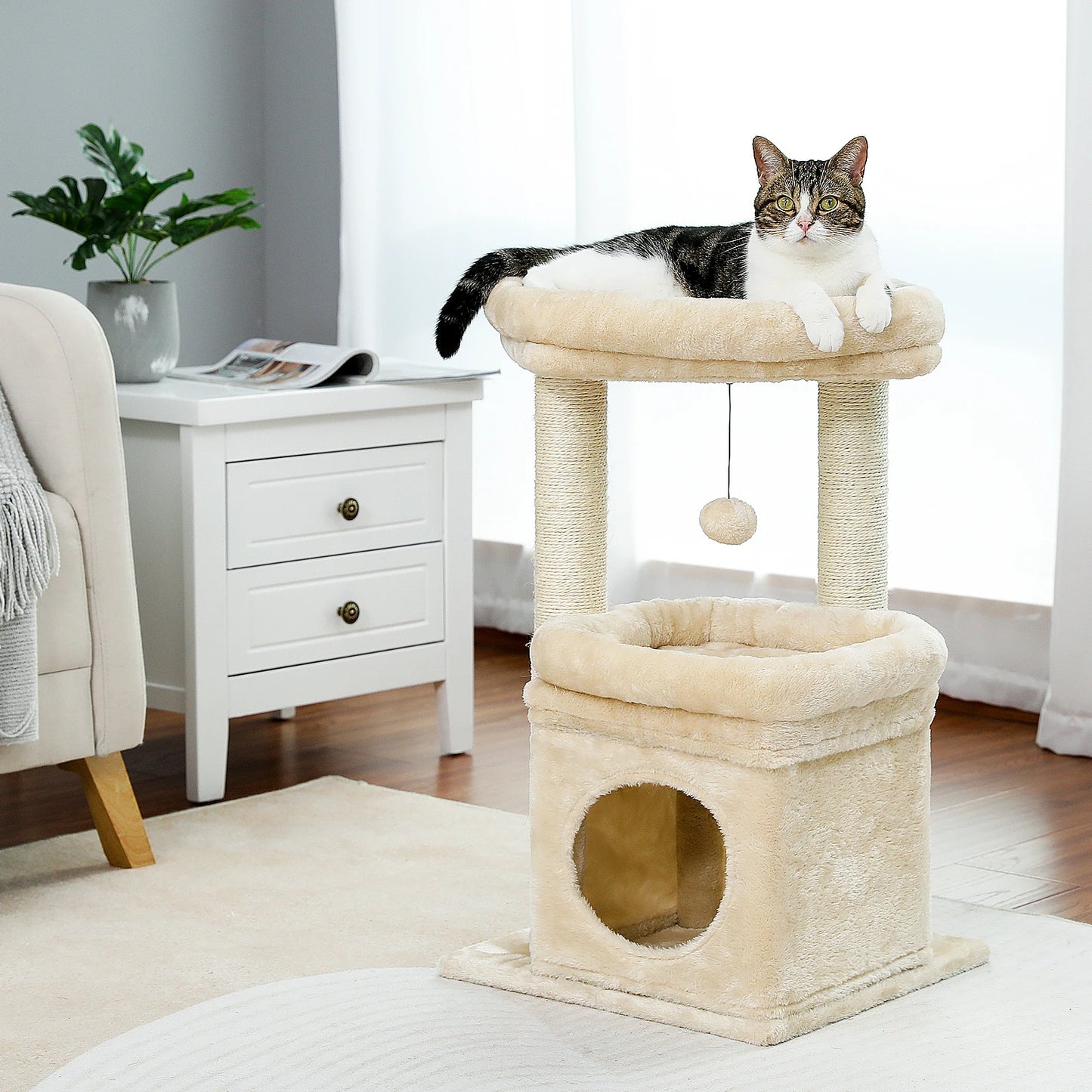 Cat Tree Tower with  Natural Sisal Scratching Posts and Plush Pom-pom