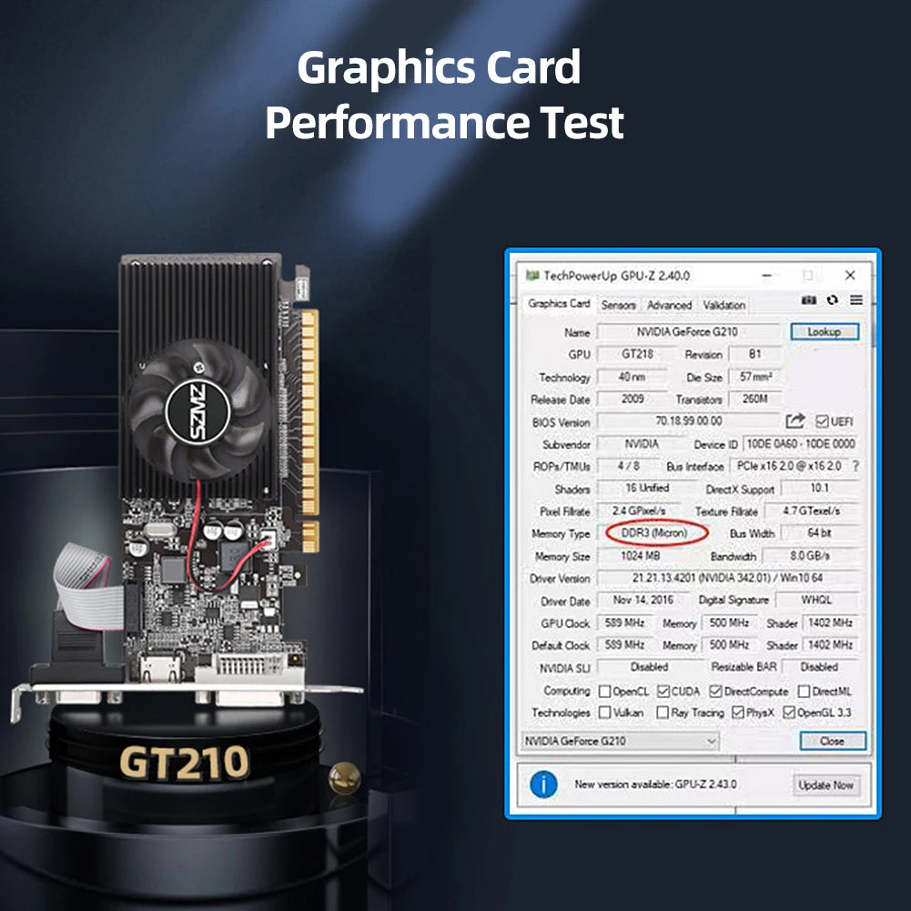 GT210 1GB 64bit Graphics Video Card Mute Fan DVI+VGA Ports Computer Graphics Card HD Interface DDR3