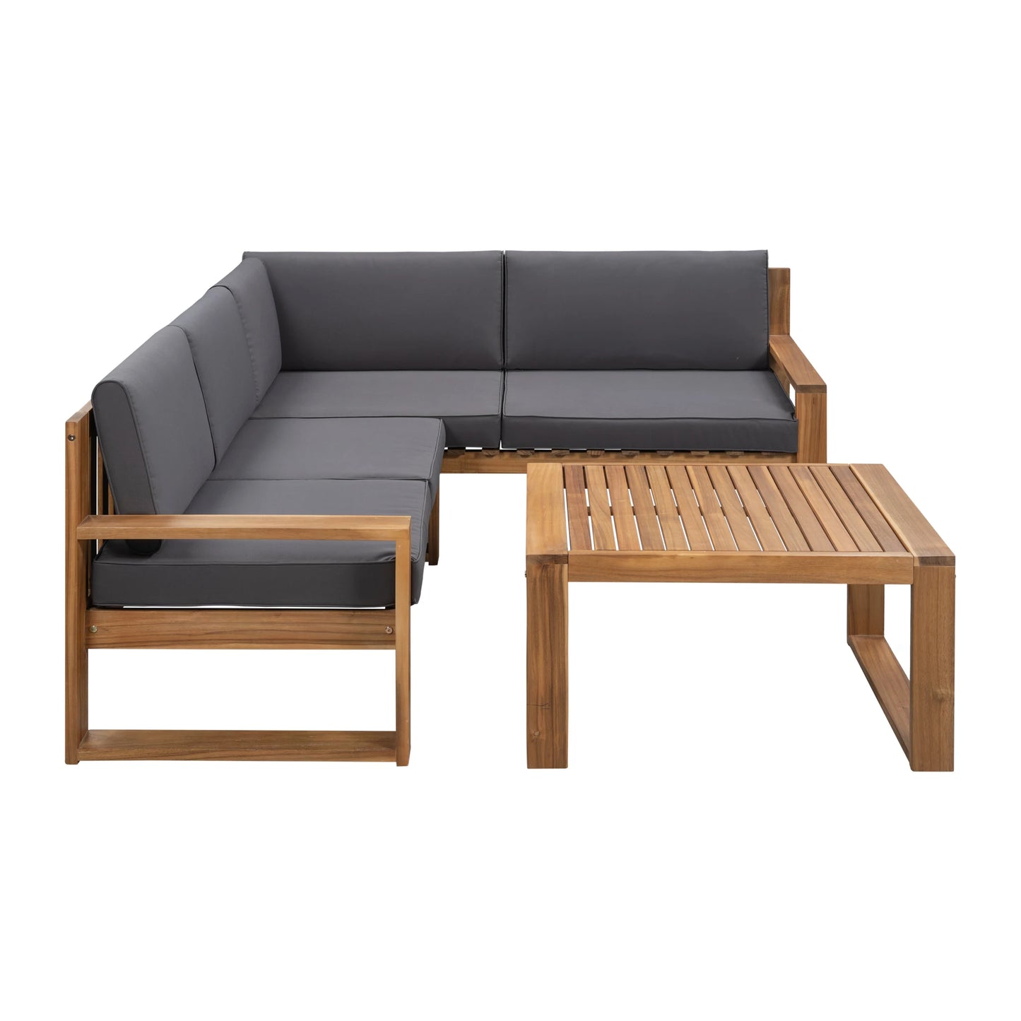 3-Piece Patio Sectional Outdoor Furniture Set Acacia Wood and Grey Cushions