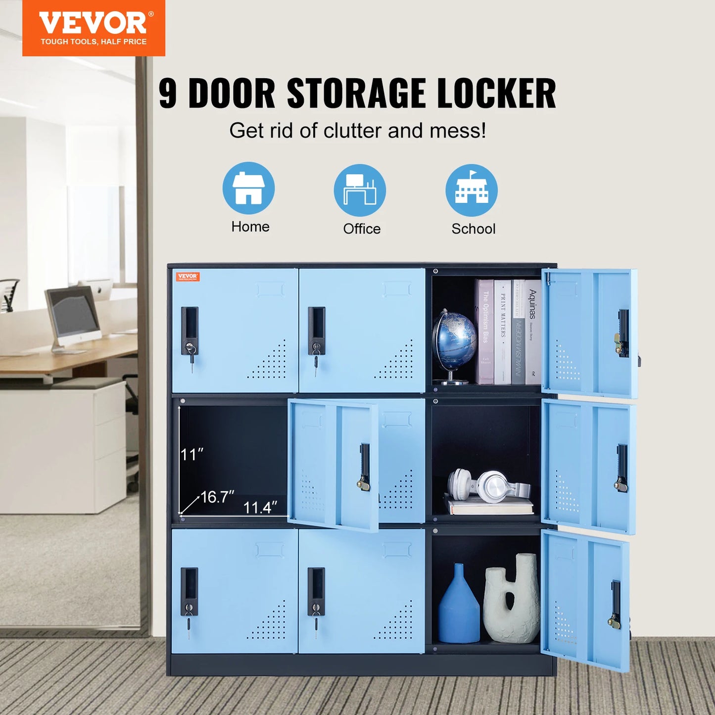 VEVOR Metal Locker for Employees 9 Doors Storage Cabinet with Card Slot & Lock 66lbs Loading Capacity