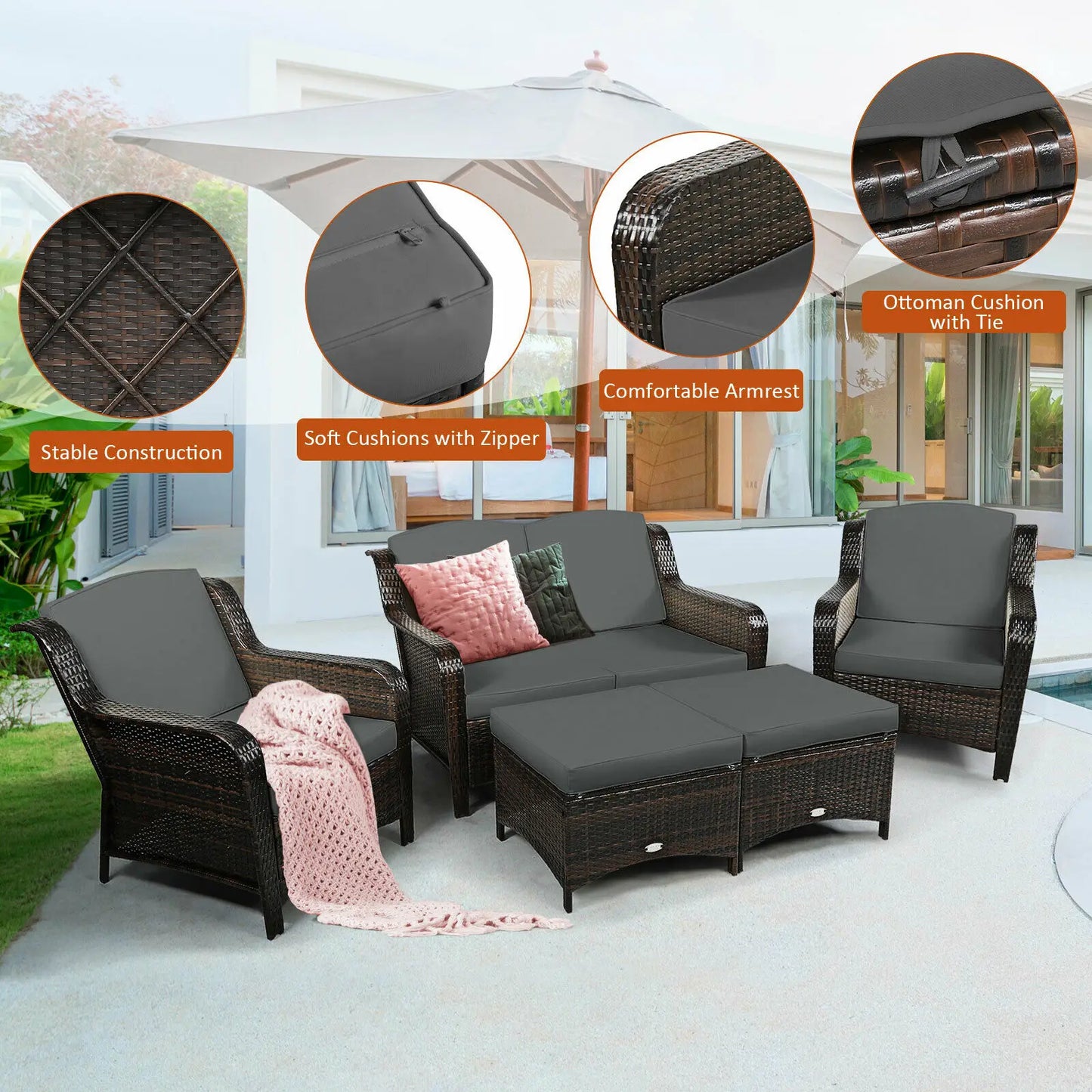 5 Pieces Patio Furniture Set Outdoor Rattan Conversation Sofa Set W/ Cushions